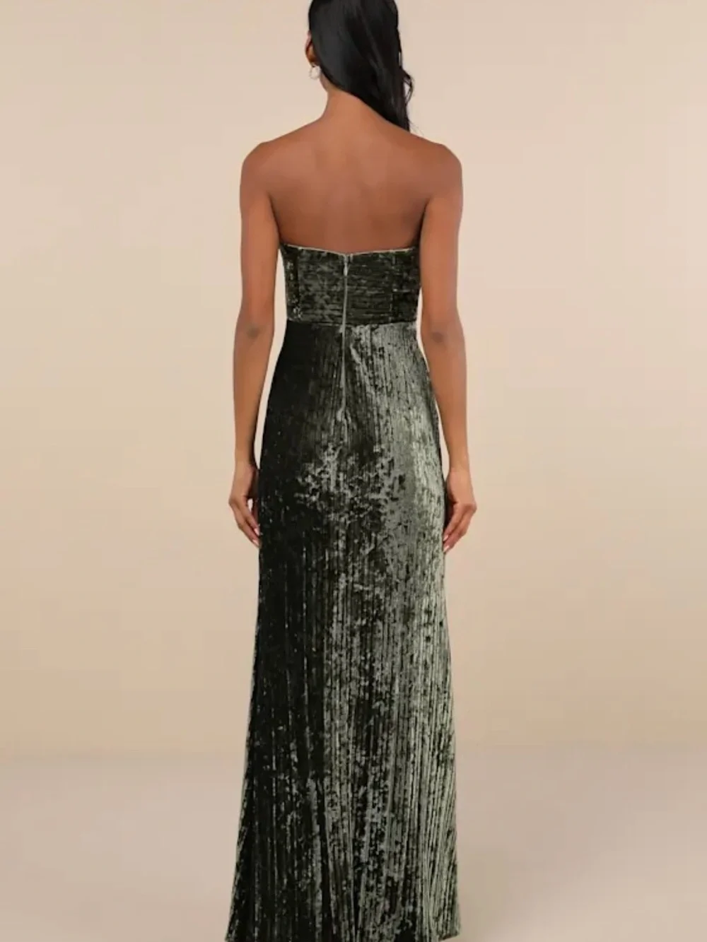 Lulu's Olive Green Strapless Velvet Gown with Side Slit - Picture 3 of 4